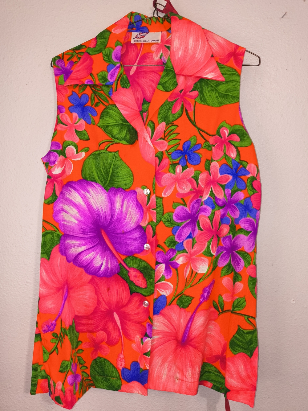 Vintage 1970s86 Polynesian Honolulu Hawaii Floral Vest Tropical Hibiscus Size M